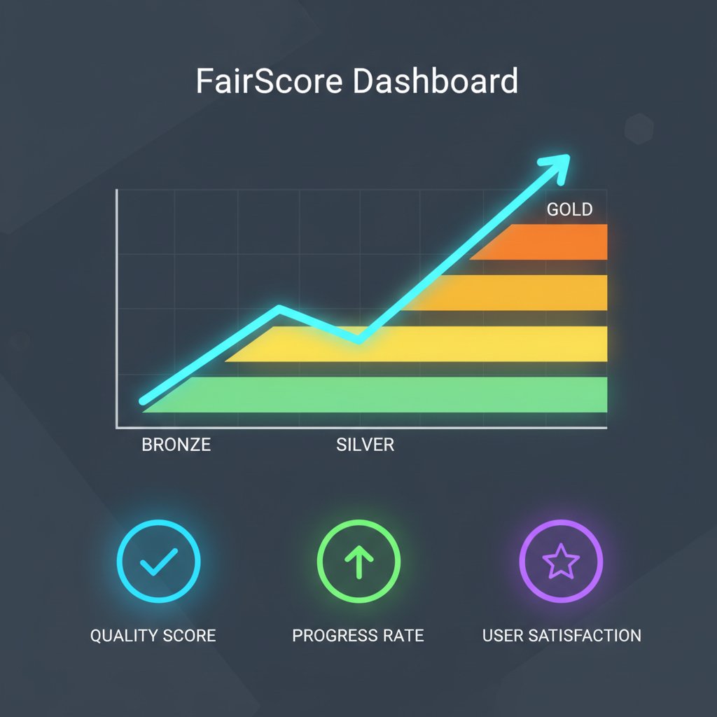 FairScore dashboard graph trending upward, tiers and metrics glowing