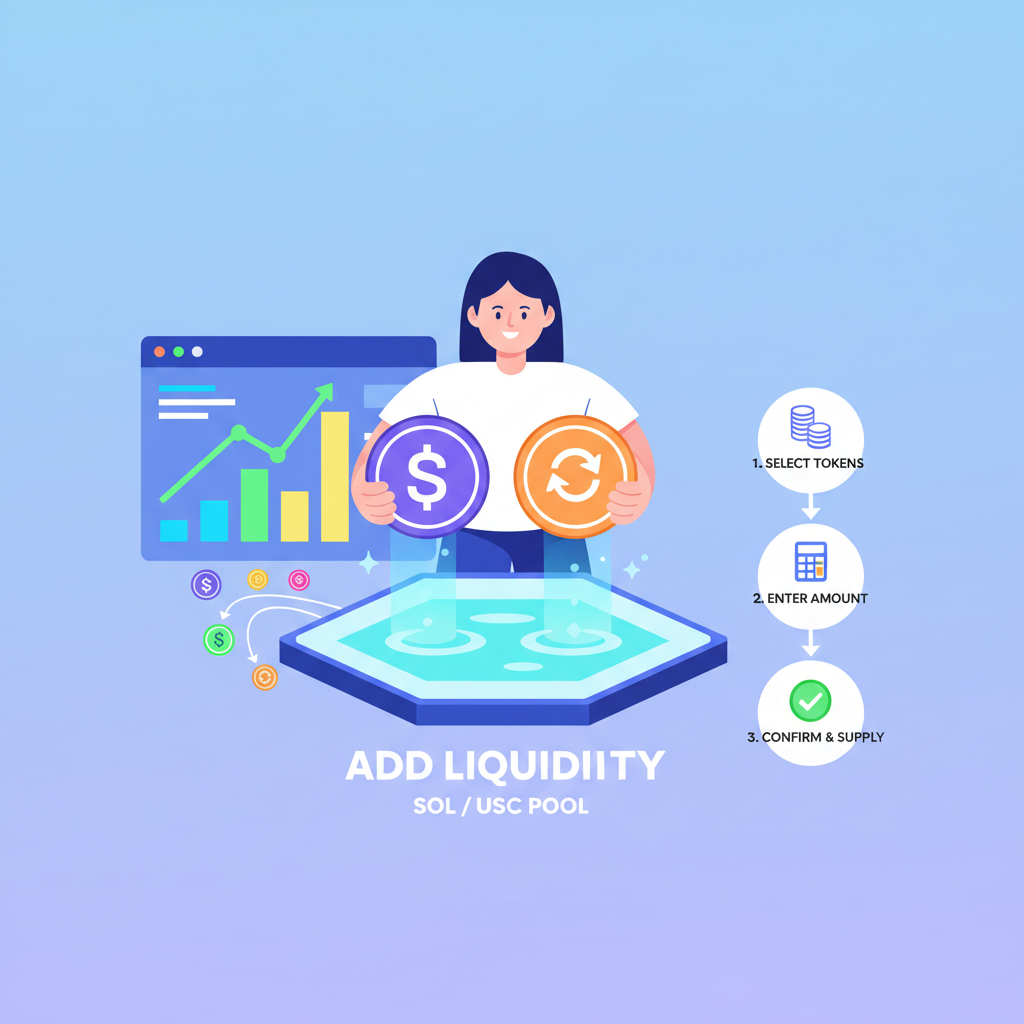 User adding liquidity to Solana DEX pool, vibrant charts and token icons flowing