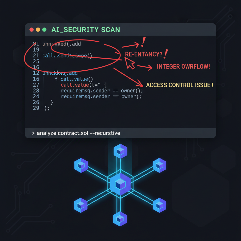 smart contract code scrolling on screen, AI highlighting vulnerabilities in red, blockchain nodes connecting, dark mode terminal aesthetic