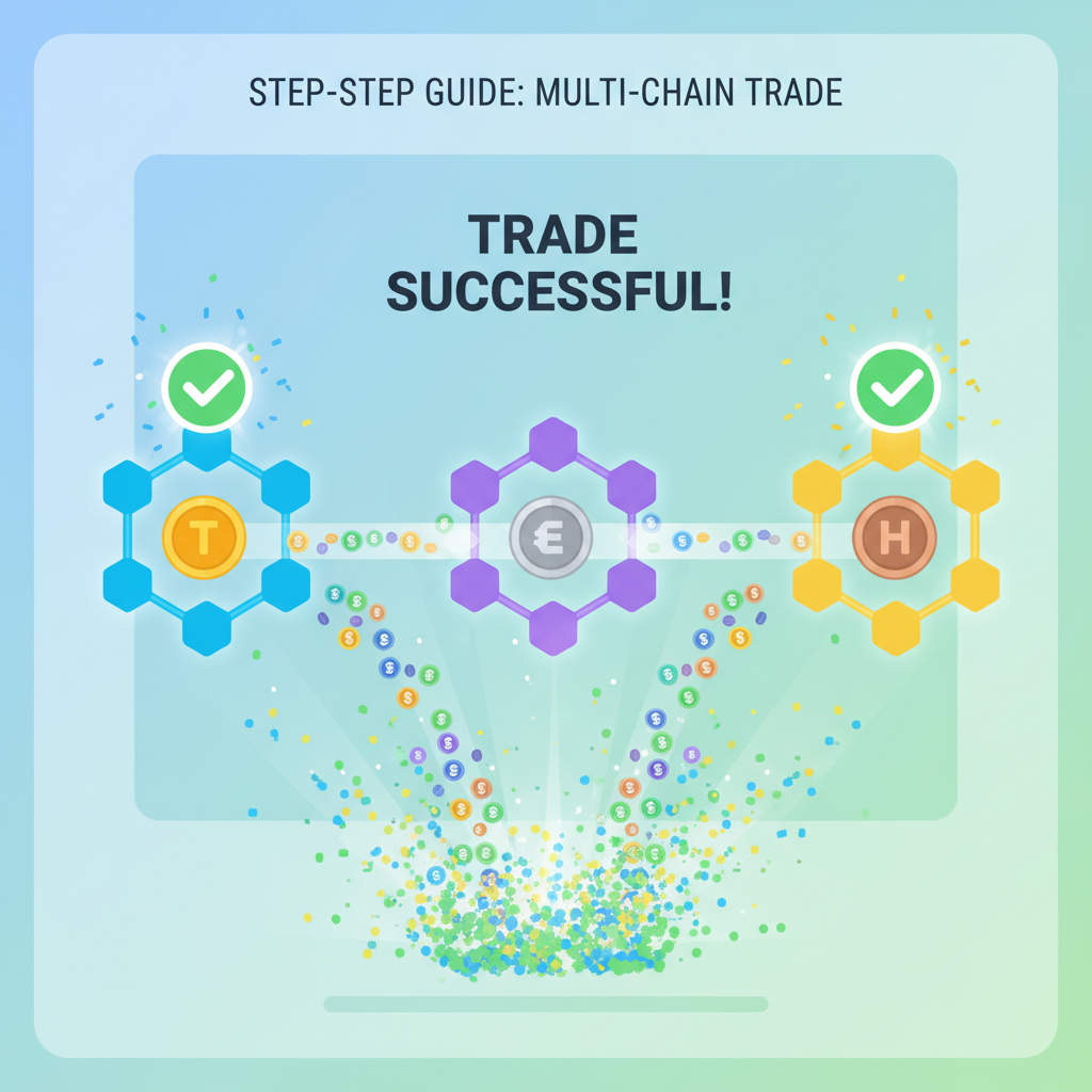 successful multi-chain trade execution animation, tokens bridging chains, green checkmarks, exploding success particles, vibrant blockchain network