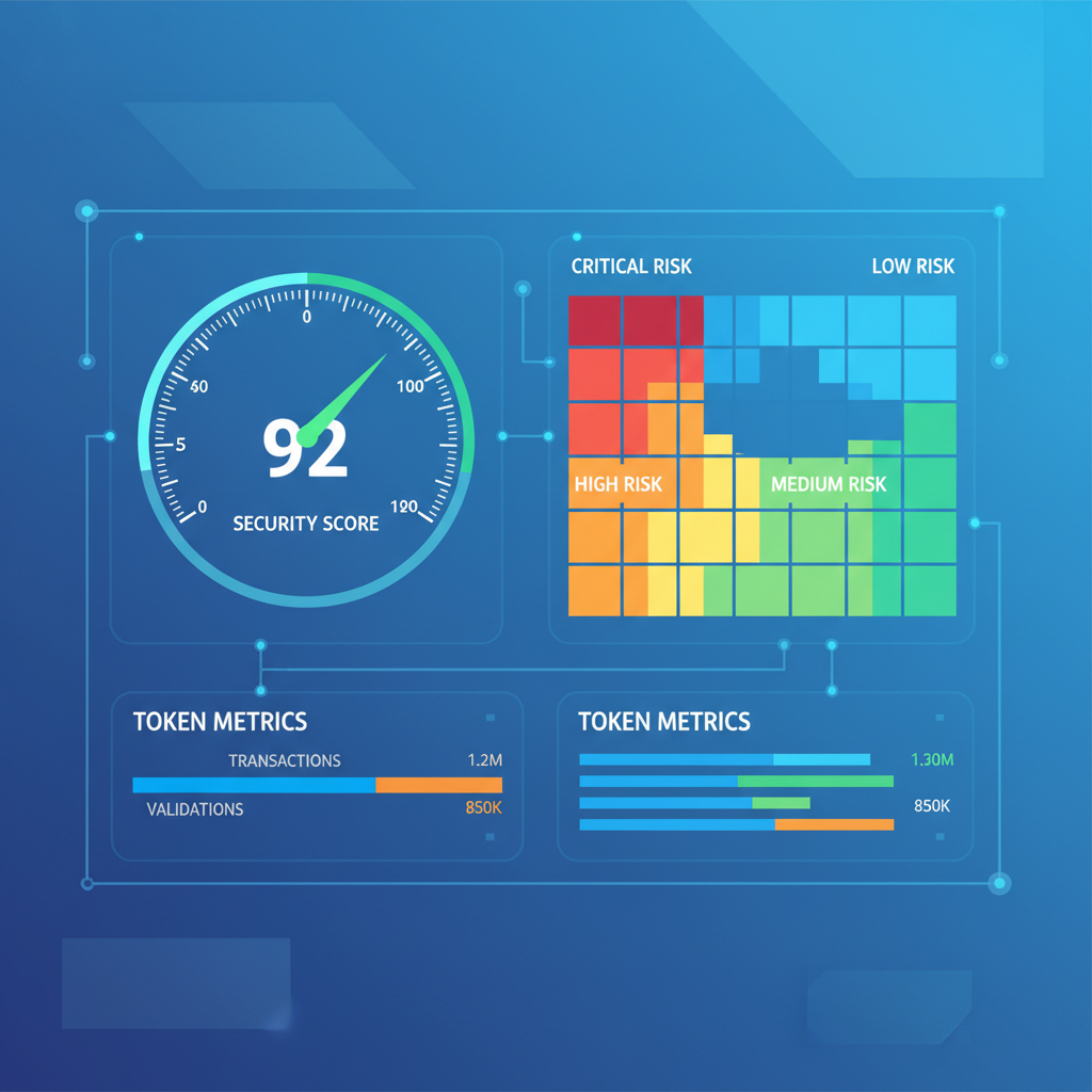 AI dashboard displaying security score gauge, risk heatmap with red yellow green zones, token metrics graphs, high-tech analytical UI