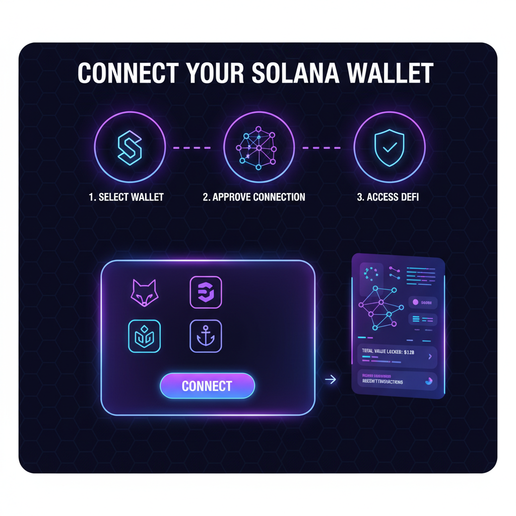 futuristic Solana wallet connection screen, neon purple UI, DeFi dashboard glow