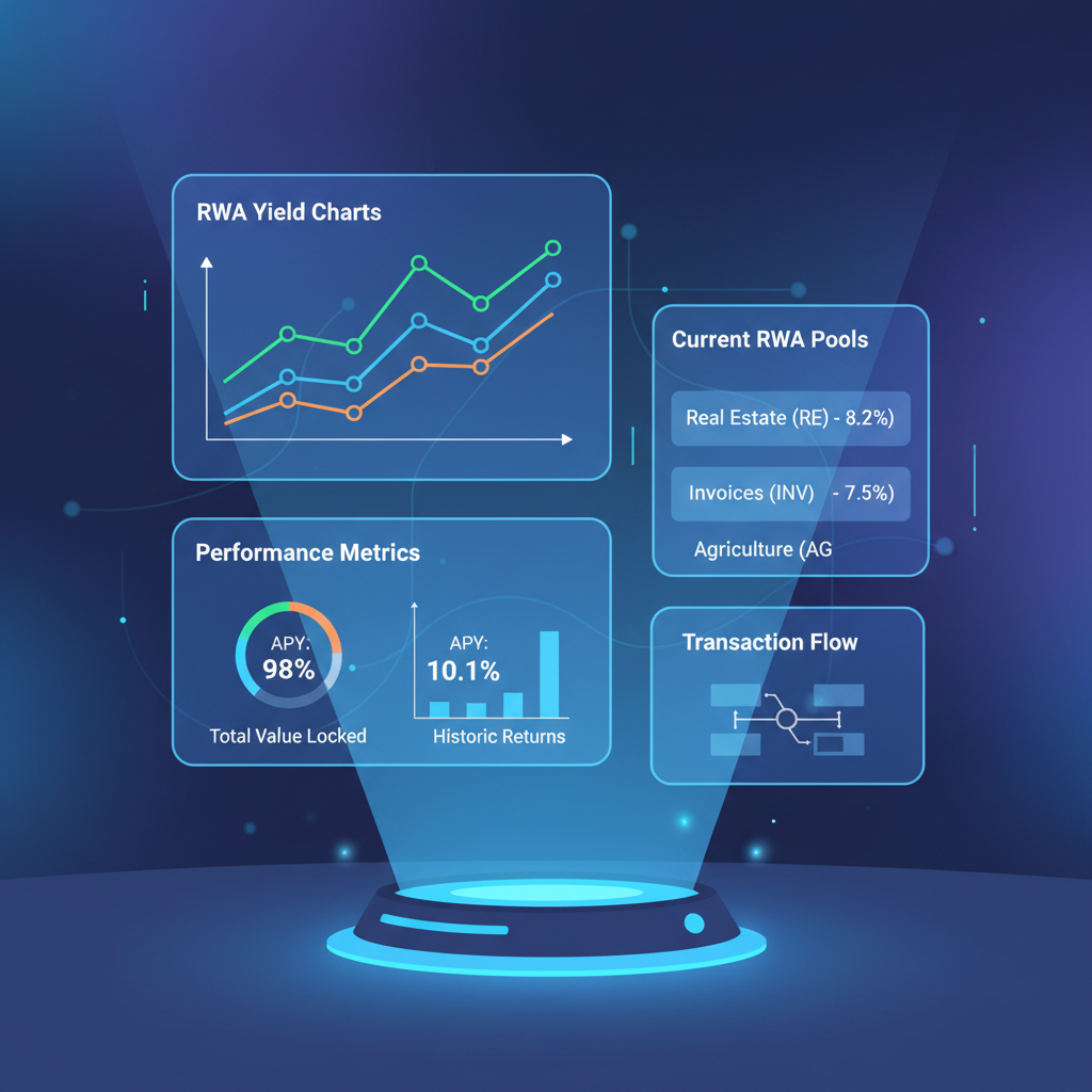 advanced DeFi analytics dashboard, RWA yield charts, performance metrics, holographic display