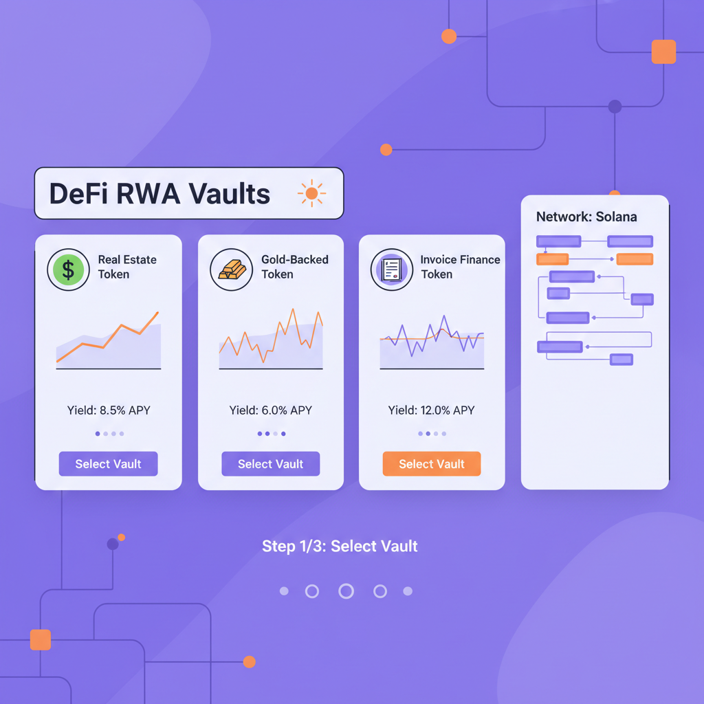 DeFi vault selection interface, RWA token icons, yield charts, Solana blockchain theme
