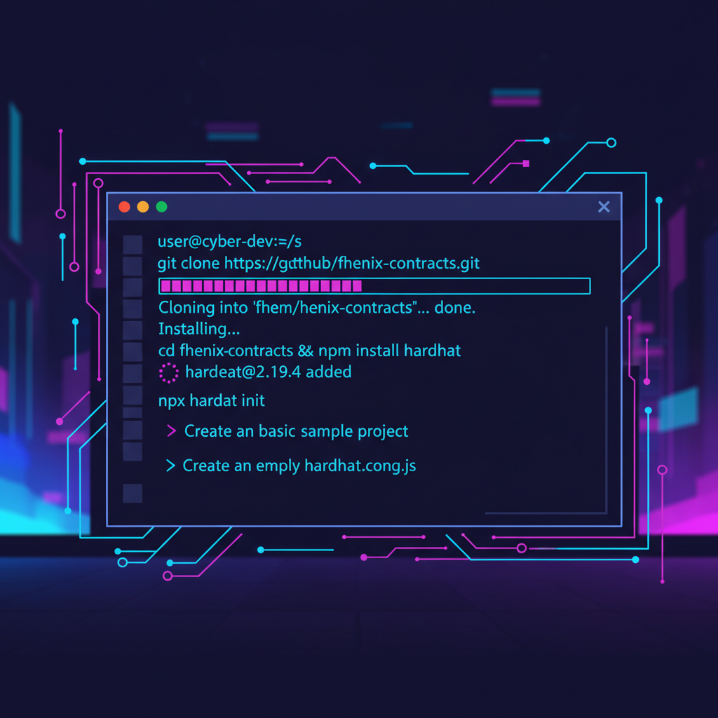 /neon terminal window cloning Fhenix repo, Hardhat setup, cyberpunk dev vibe, vibrant blues and purples