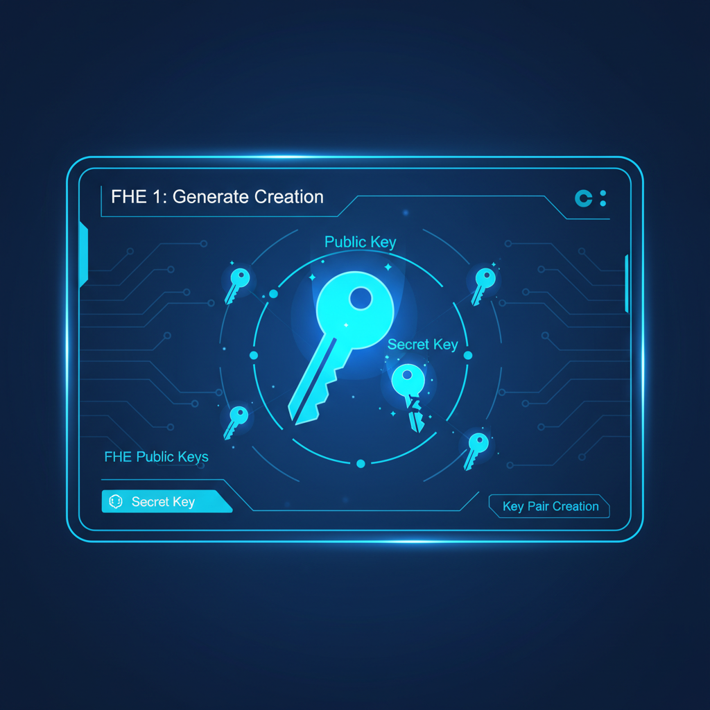 glowing FHE key pair generation on screen, cryptographic keys floating, futuristic encryption theme, electric blue hues