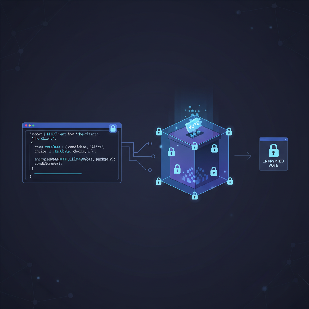 JavaScript code encrypting vote data, client-side FHE encryption visual, locked ballot box glowing, dark mode code editor