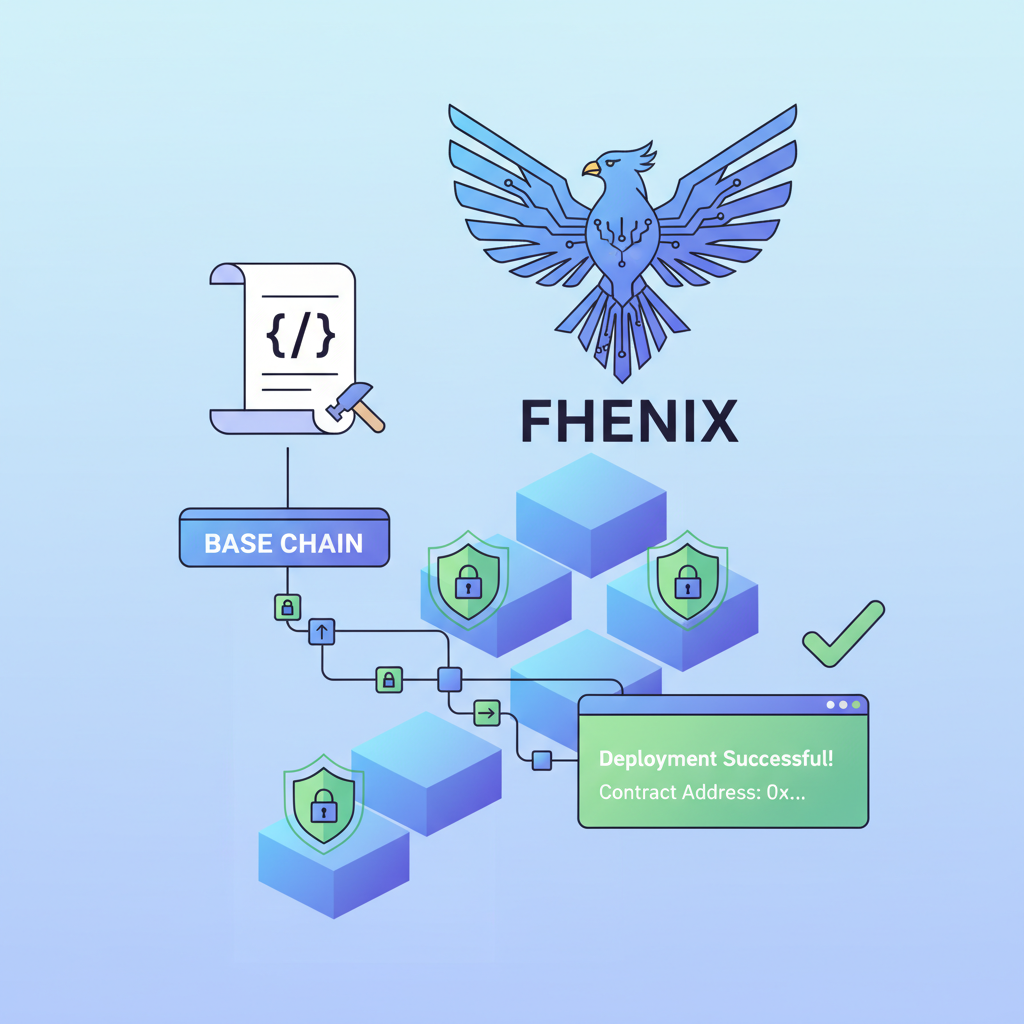 Solidity contract deploying to Fhenix on Base chain, blockchain blocks stacking with encryption shields, green success terminal