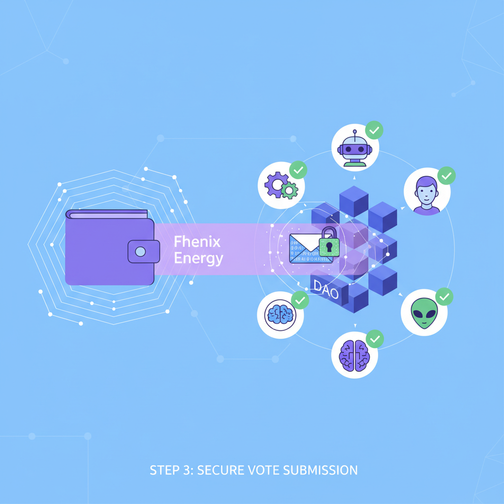 wallet submitting encrypted vote to blockchain, DAO voters icons, secure transmission beam, purple Fhenix energy