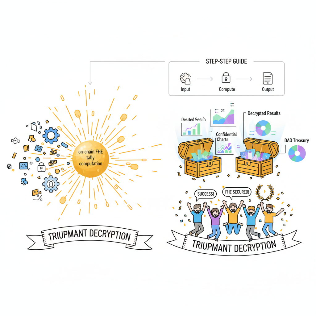 on-chain FHE tally computation exploding into decrypted results, confidential charts and graphs, triumphant DAO celebration, golden decrypt glow