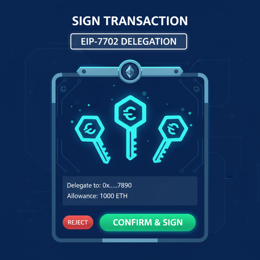 Ethereum transaction signing screen for EIP-7702 delegation, glowing keys, secure vault aesthetic