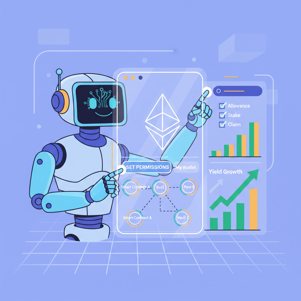 AI robot configuring DeFi permissions on Ethereum dashboard, yield charts rising, bold futuristic UI