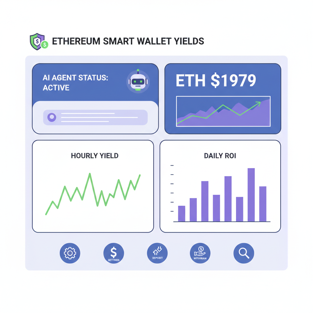 Monitoring dashboard with Ethereum smart wallet yields, AI agent active, real-time charts ETH $1979
