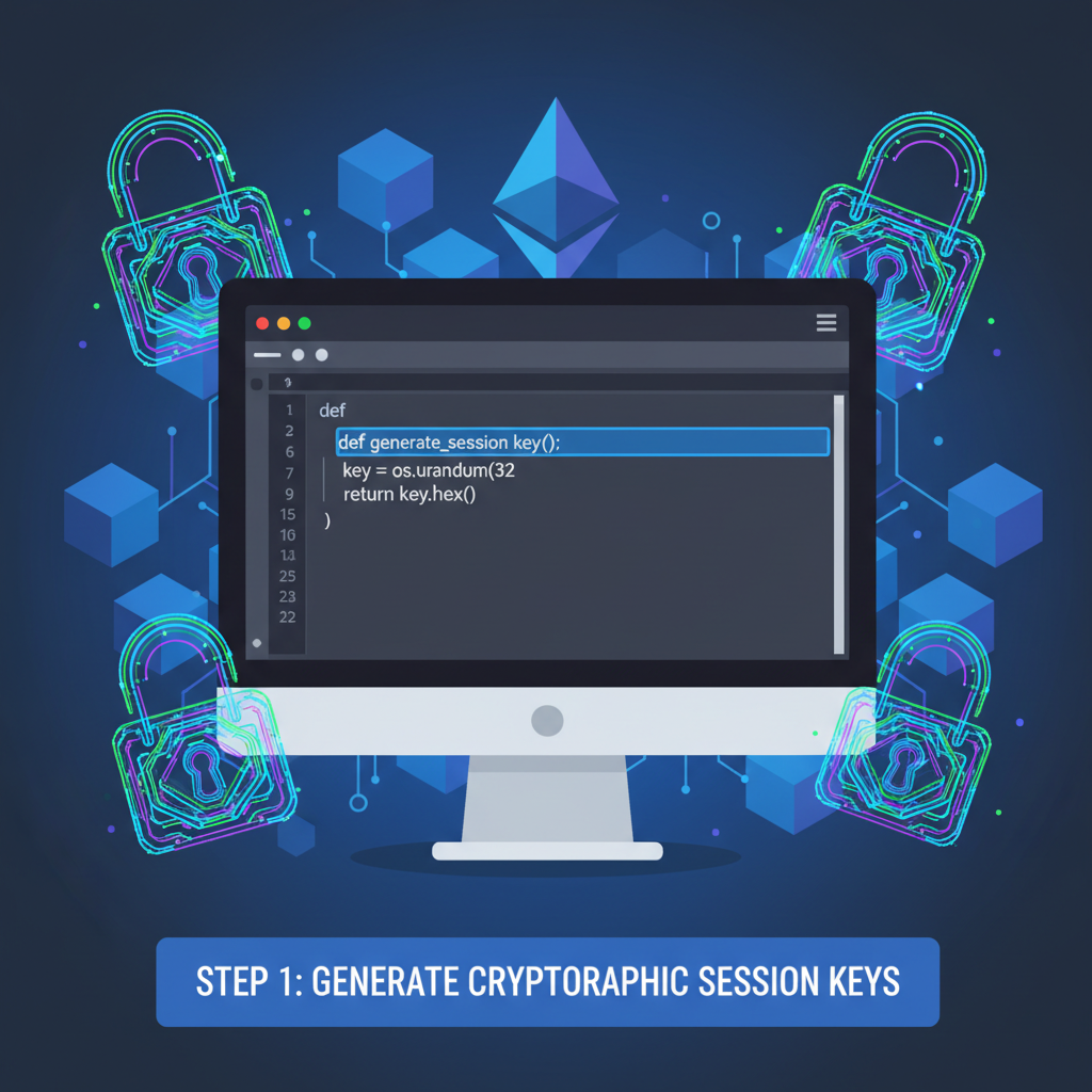 Generating cryptographic session keys in code editor, Ethereum blockchain background, neon digital locks