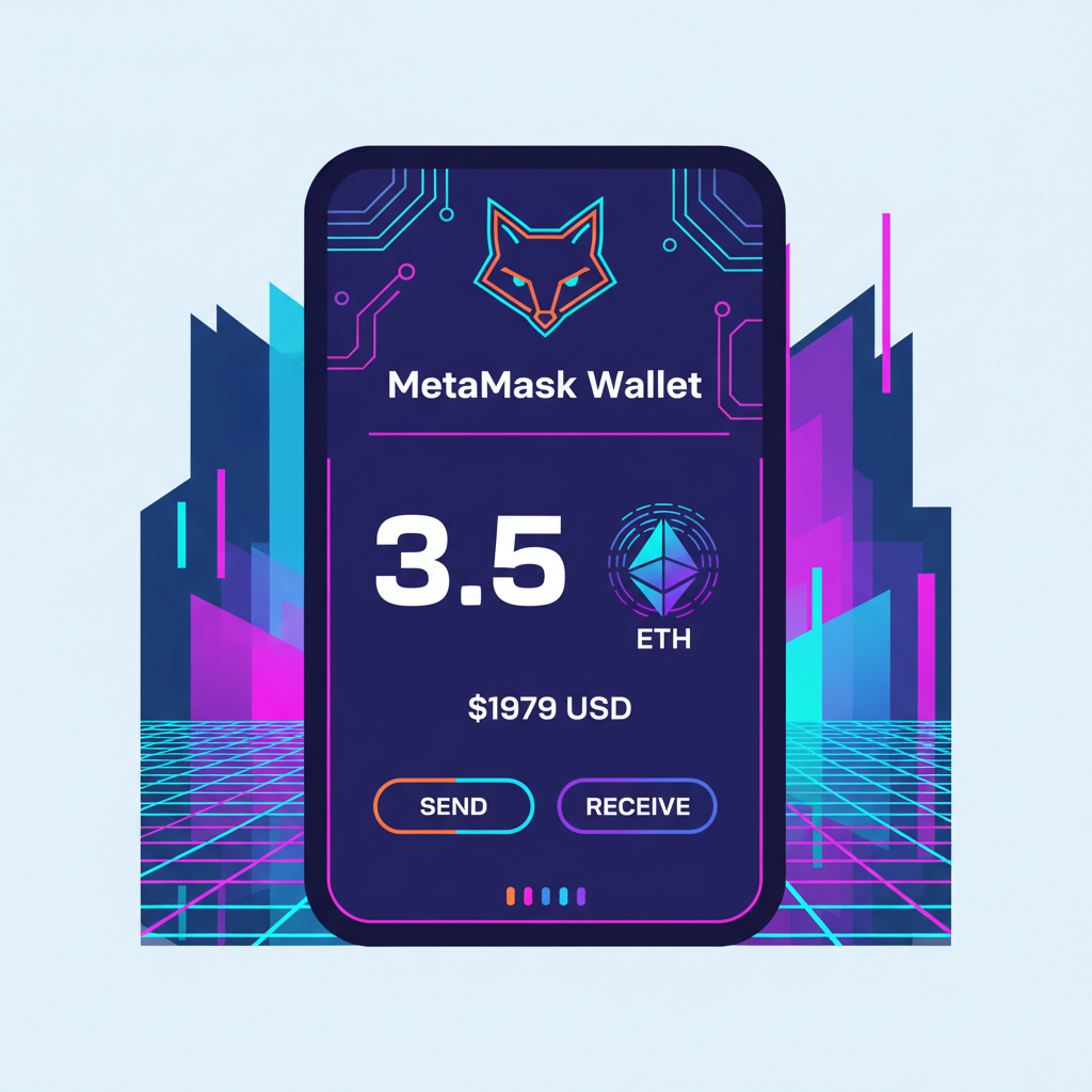 MetaMask wallet interface showing ETH balance $1979, futuristic Ethereum glow, cyberpunk style