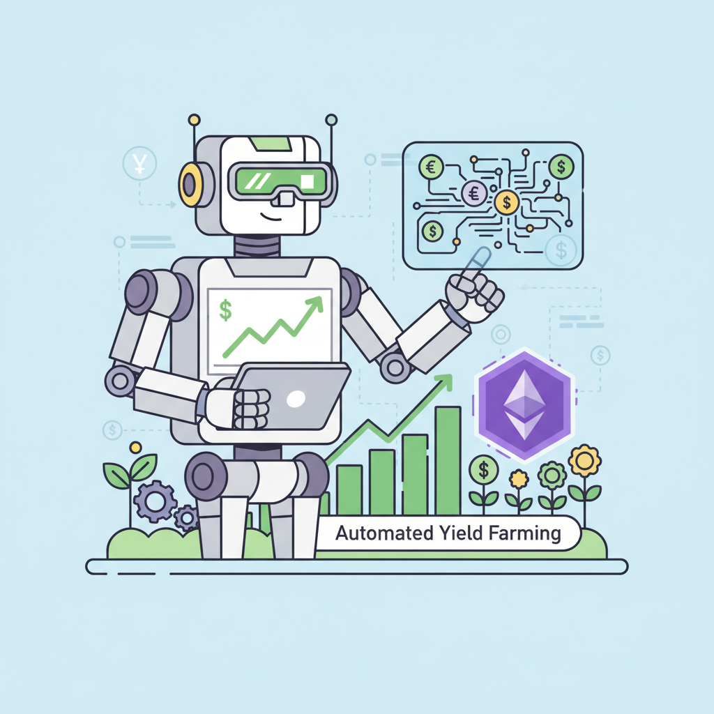 AI agent executing DeFi yield farm trades on Ethereum, green profit graphs, autonomous robot farmer