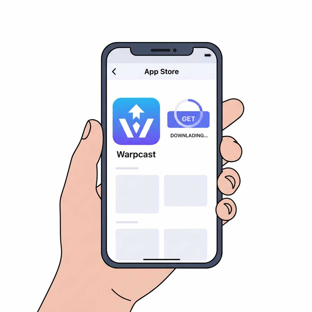 smartphone downloading Warpcast app from app store, clean app icon visible, mobile UI