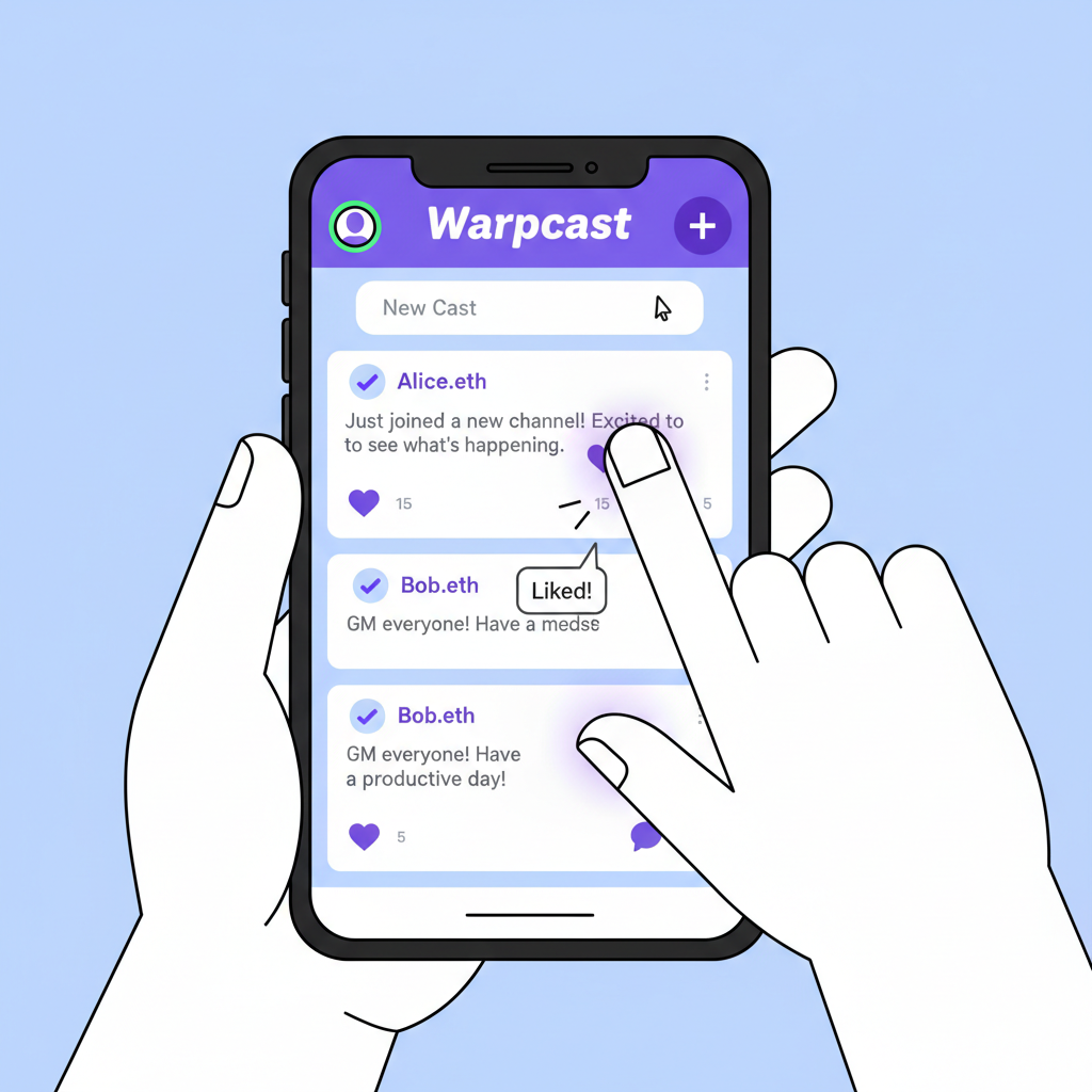 user interacting with Warpcast feed, posting, liking, recasting on mobile screen