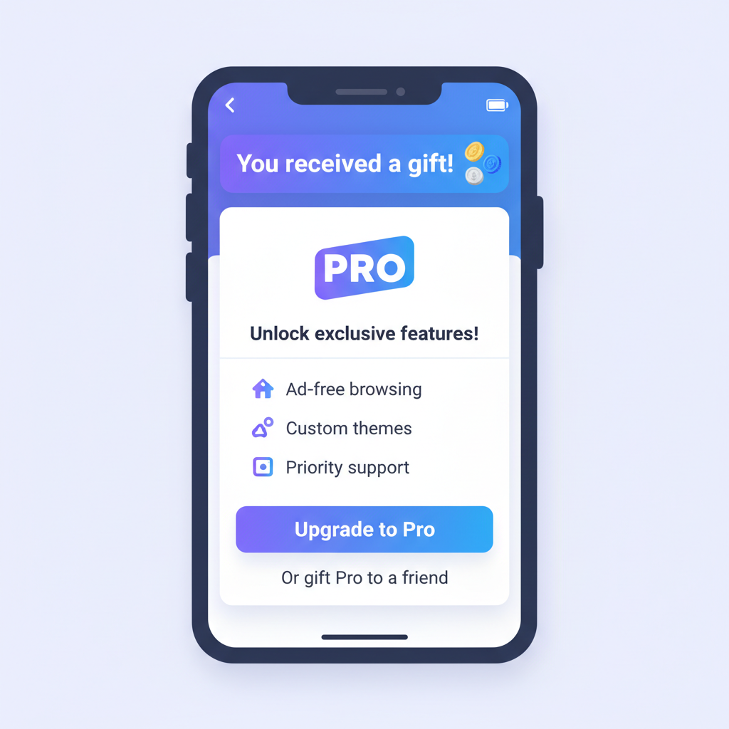 Warpcast app showing Pro subscription prompt and gift notification with token icons