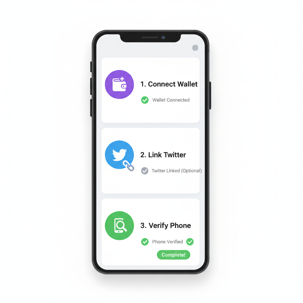 Warpcast app interface with wallet connect, Twitter link, and phone verification checkmarks