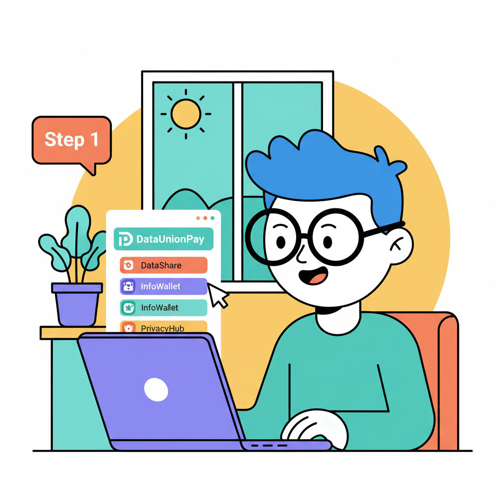 cartoon user browsing list of data unions like DataUnionPay on laptop screen, vibrant colors