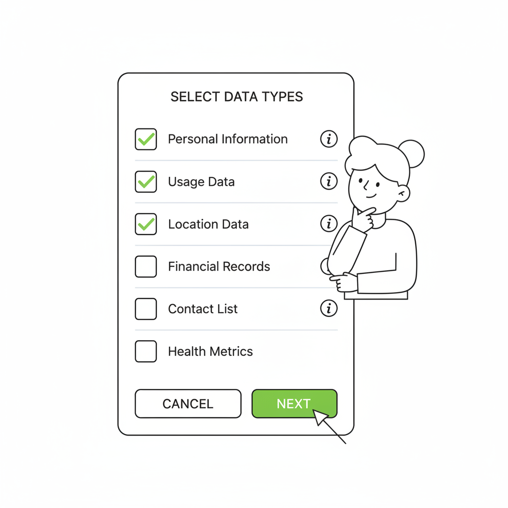 interface screen with checkboxes for data types, user ticking options thoughtfully
