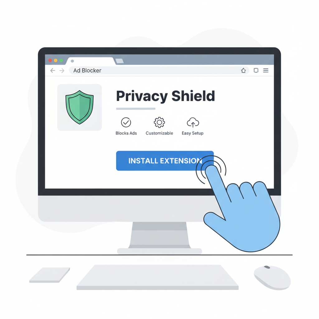 user clicking install button for browser extension on computer, simple icons