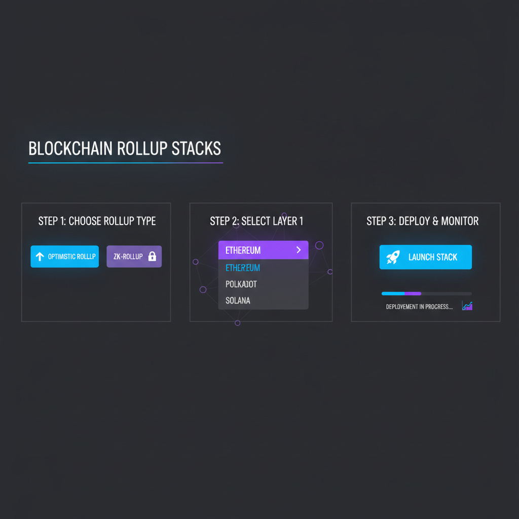 sleek dashboard selecting blockchain rollup stacks, futuristic UI, neon blues and purples