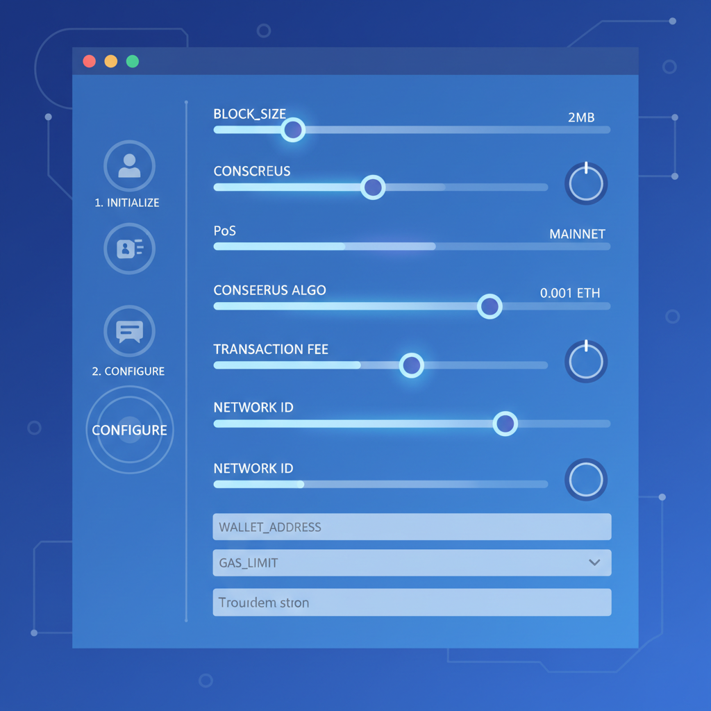 configuring blockchain parameters on high-tech interface, sliders and inputs glowing