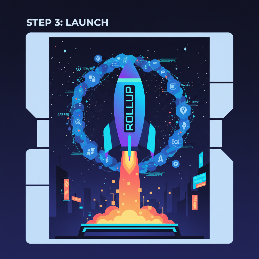 rocket launching blockchain rollup into space, digital explosion, cyberpunk style