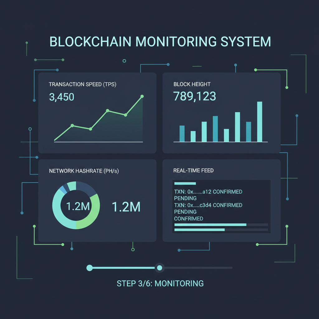 monitoring dashboard with blockchain metrics graphs, real-time data streams, dark mode