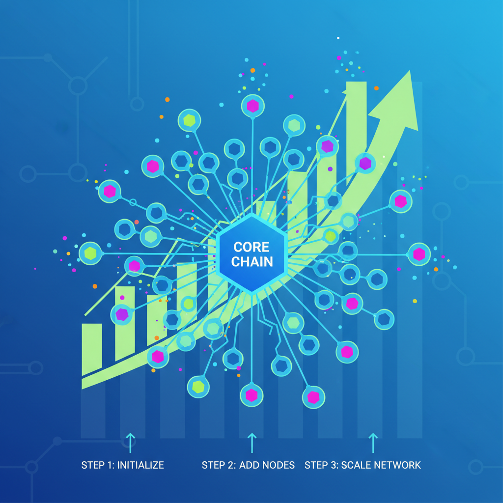 scaling blockchain network with expanding nodes, growth charts upward, vibrant energy