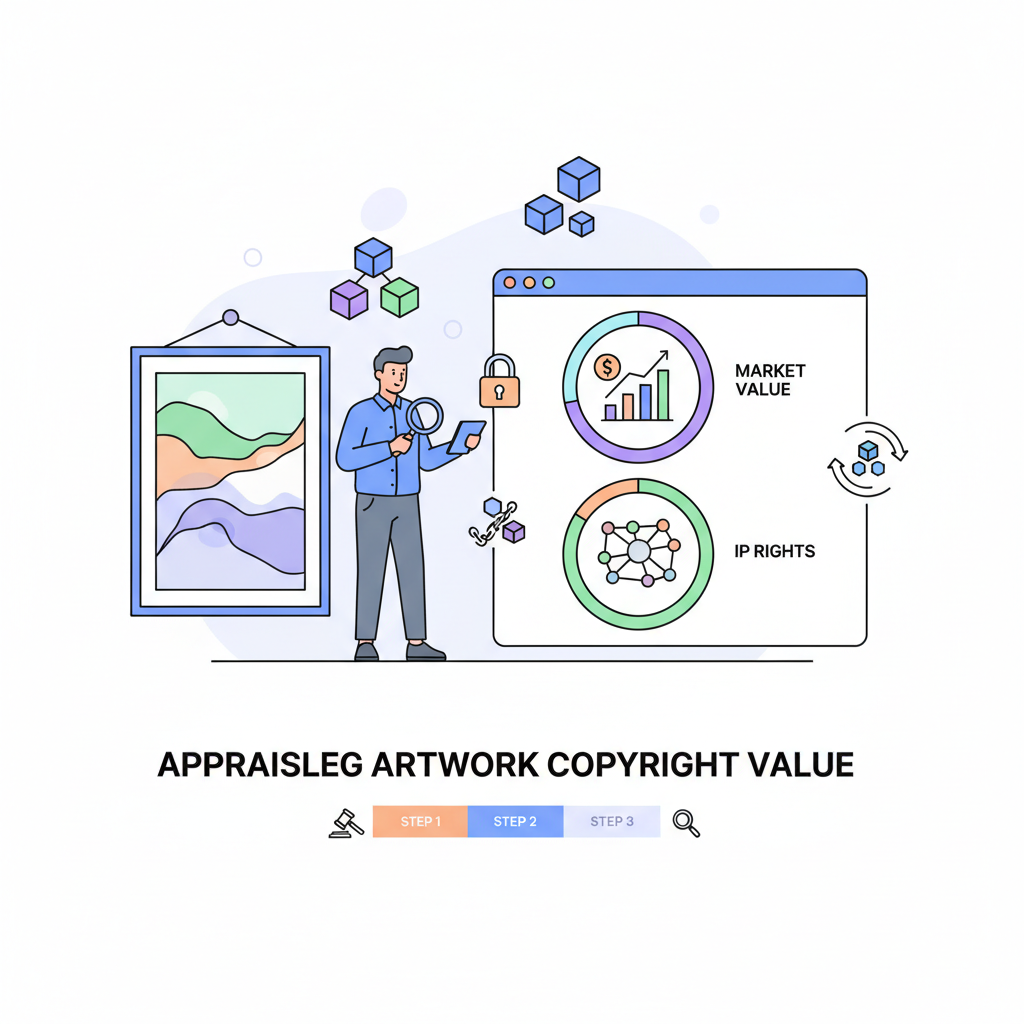 professional appraising artwork copyright value with charts and blockchain icons