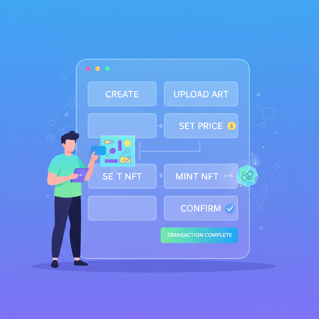 artist minting NFT of digital artwork on blockchain platform interface