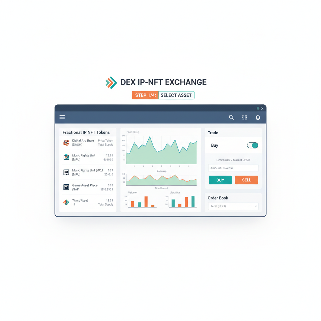 DEX trading interface with fractional IP NFT tokens and charts