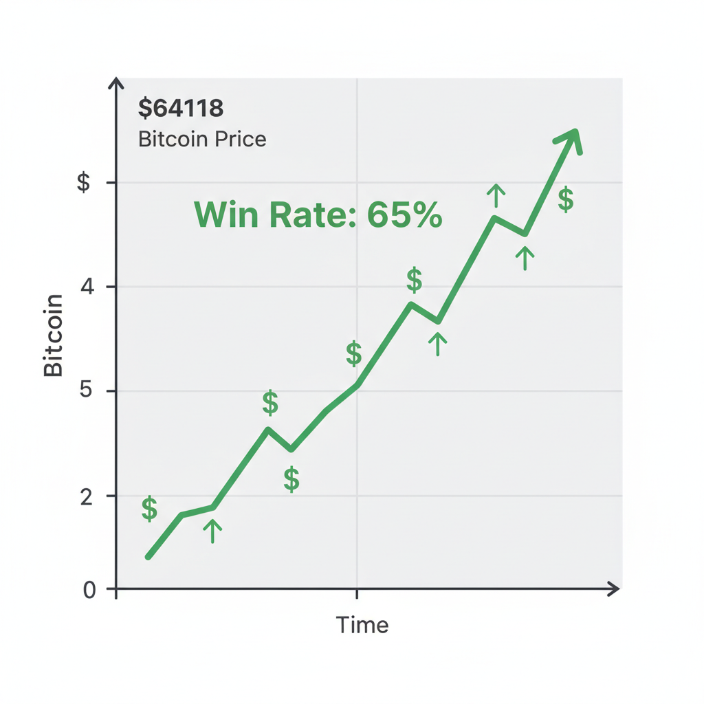 Backtest results chart Bitcoin price $64118, win rate 65% equity curve green profitable trades
