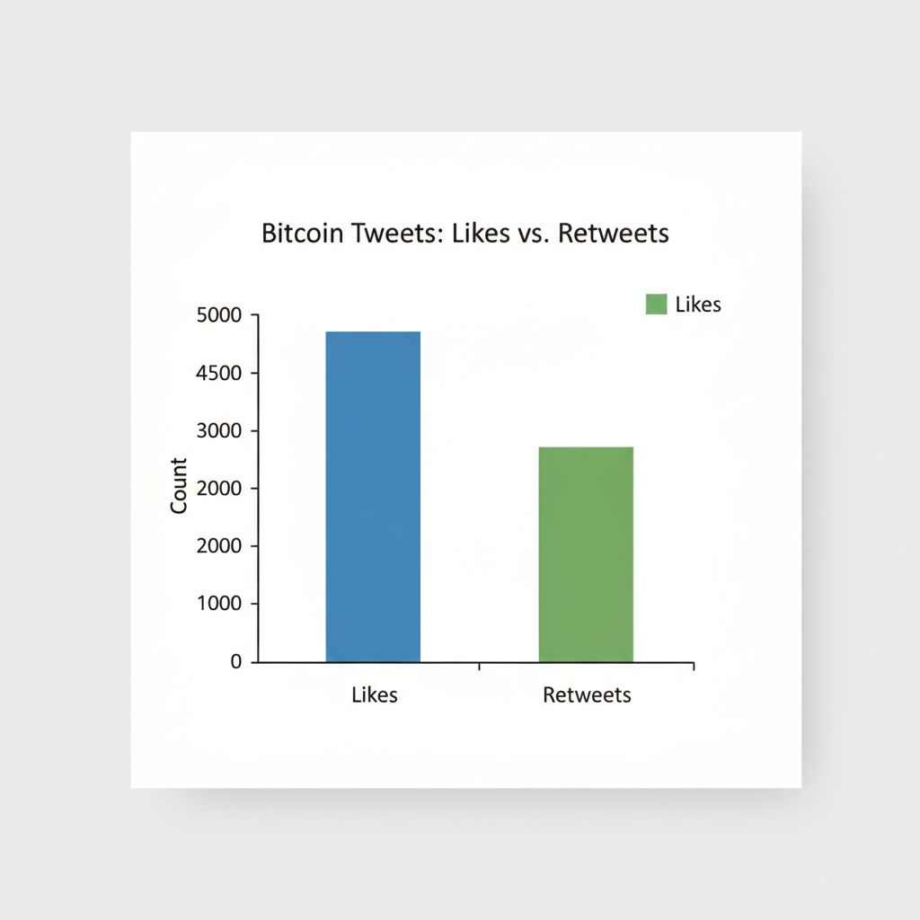 Bar chart comparing total likes vs retweets for Bitcoin tweets, blue likes green retweets, data visualization