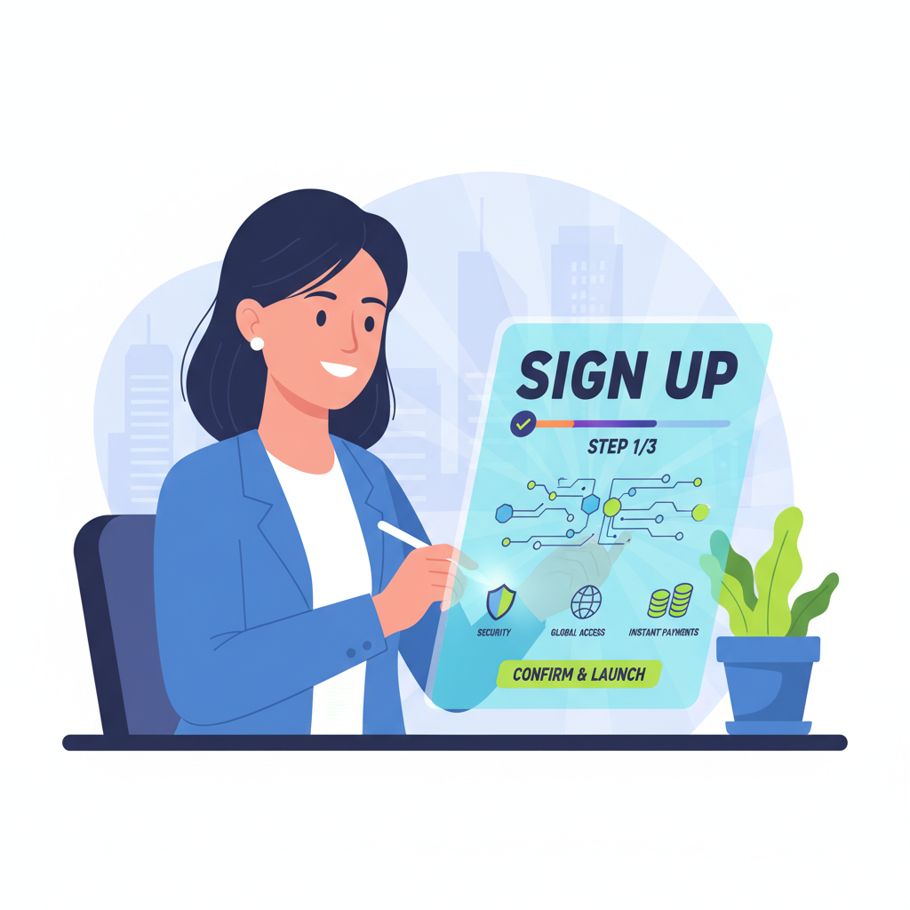SME owner signing up on sleek blockchain finance platform dashboard, futuristic UI, vibrant blues and greens, motivational vibe