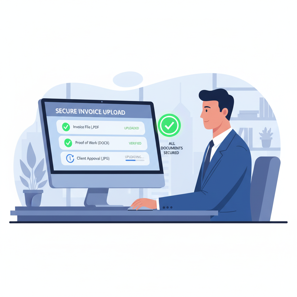 Business professional uploading invoice documents to secure web app, verification checkmarks glowing, professional office setting