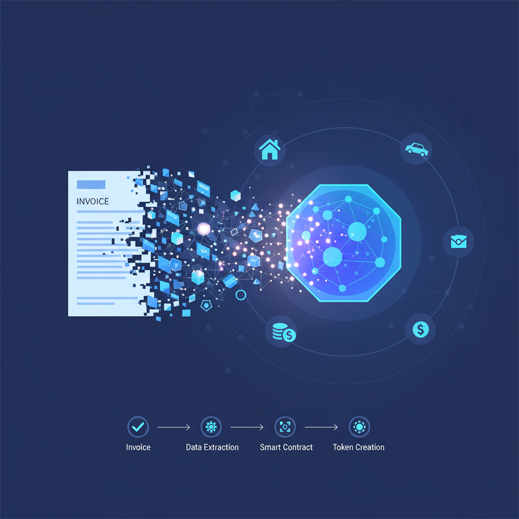 Invoice transforming into glowing blockchain token, tokenization process visualization, digital assets floating, high-tech abstract