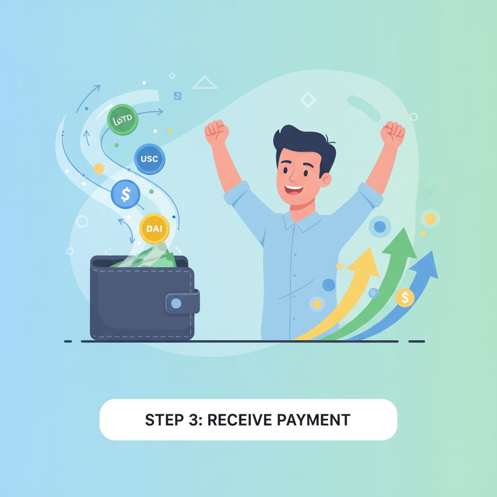 Wallet receiving stream of stablecoin icons, excited SME entrepreneur celebrating, dynamic money flow graphics