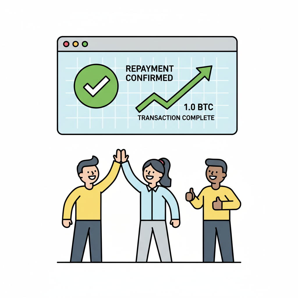 Successful repayment confirmation on blockchain dashboard, checkmark and upward arrow graph, relieved business team high-fiving