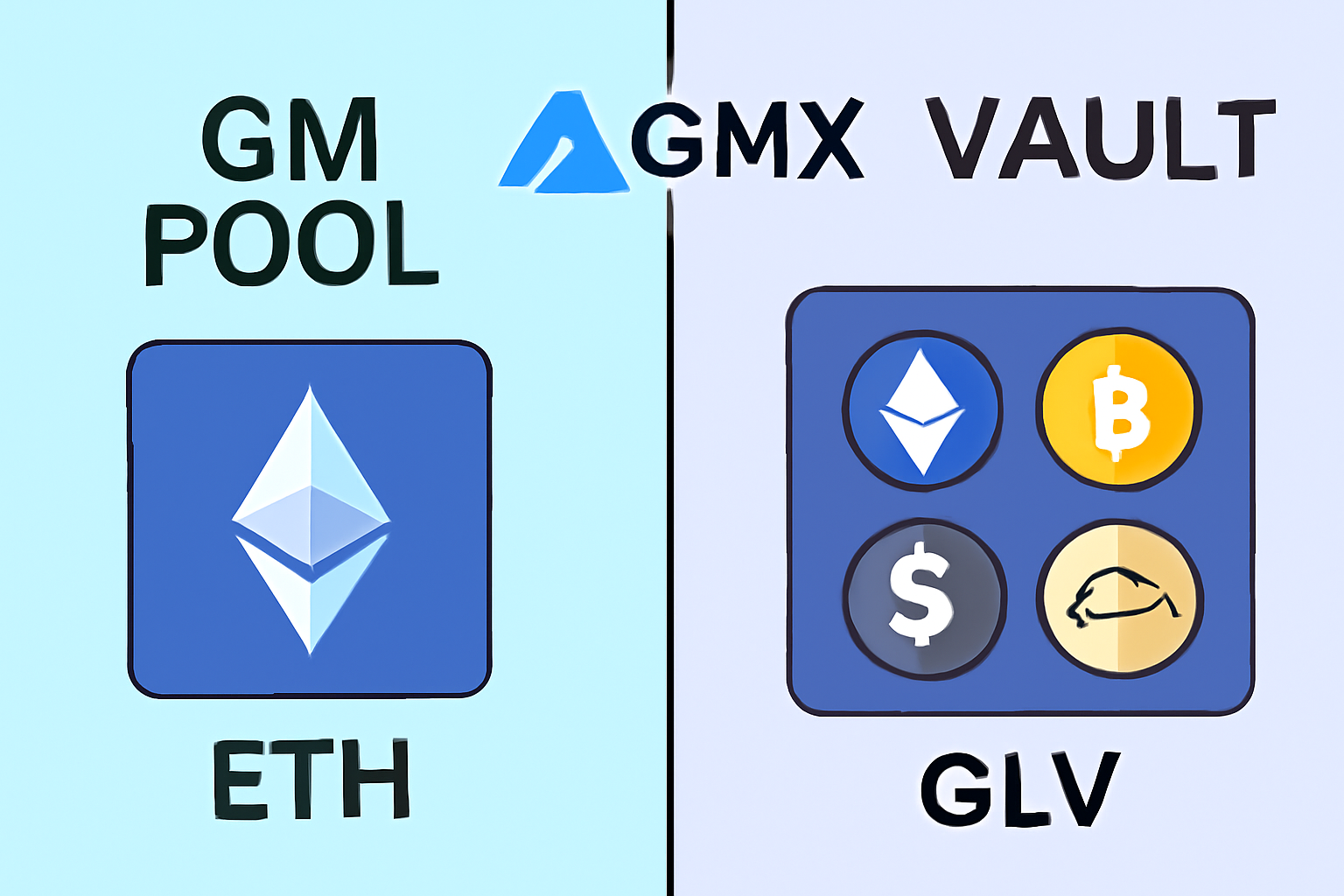 A split screen showing a GM pool with a single asset (ETH) on one side and a GLV vault with multiple assets on the other, both on the GMX platform.