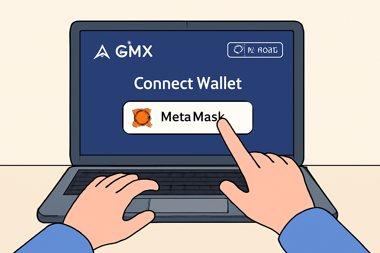A user connecting their MetaMask wallet to the GMX platform interface on a laptop, with Arbitrum network highlighted.
