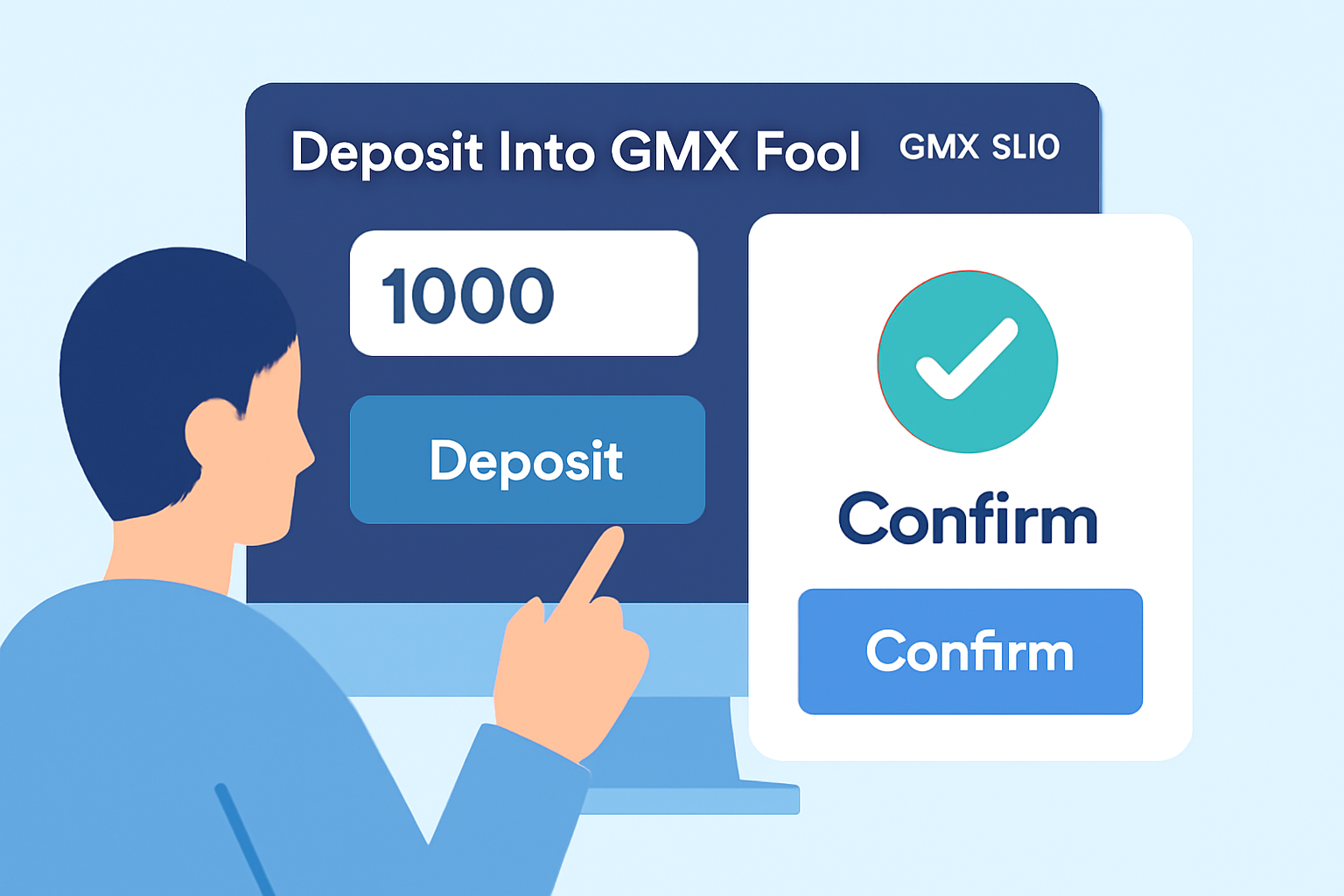 A user entering an amount to deposit into a GMX pool on the platform, with a confirmation pop-up and the GMX price ($10.19) visible on screen.