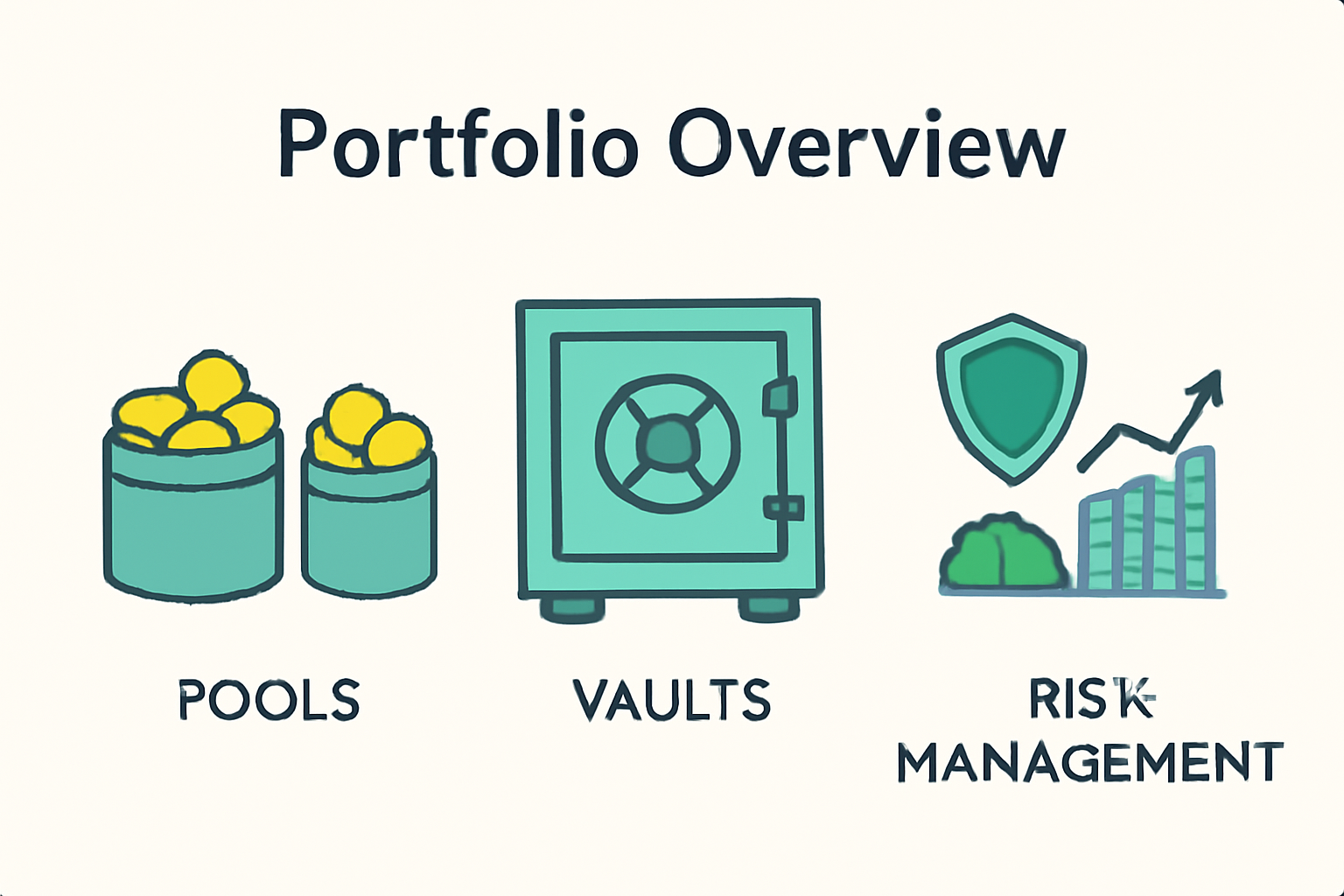 A portfolio overview with diversified pools and vaults, and icons representing risk management (shields, graphs, hedges).