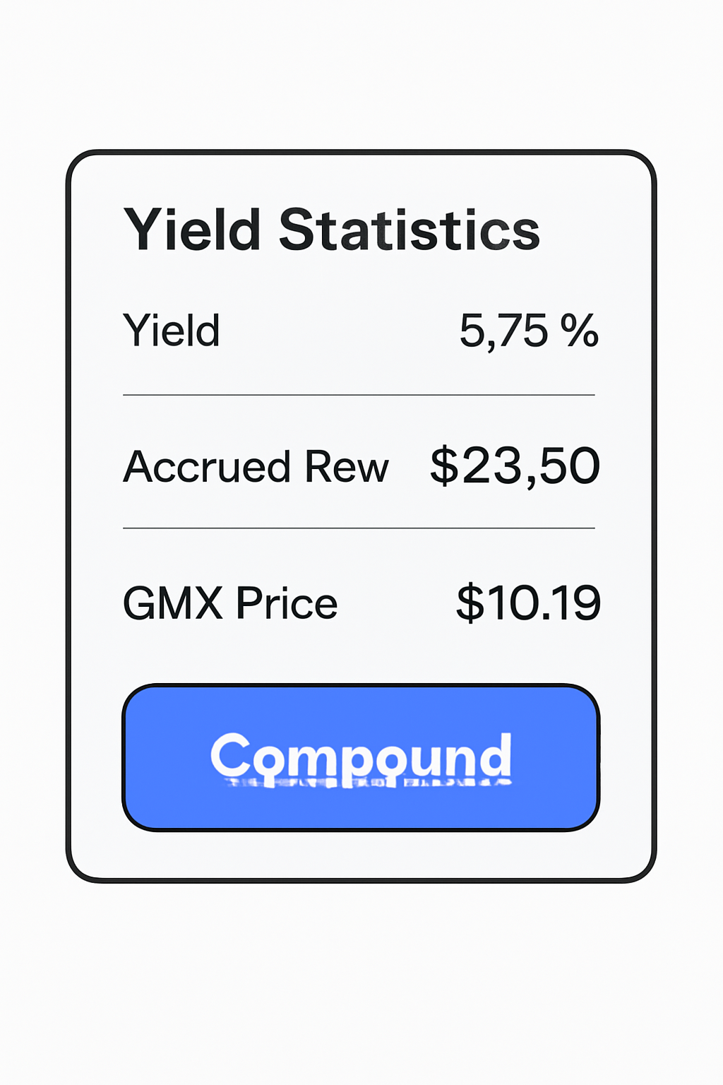 A dashboard view showing yield statistics, accrued rewards, and a 'compound' button, with the GMX price ($10.19) displayed.