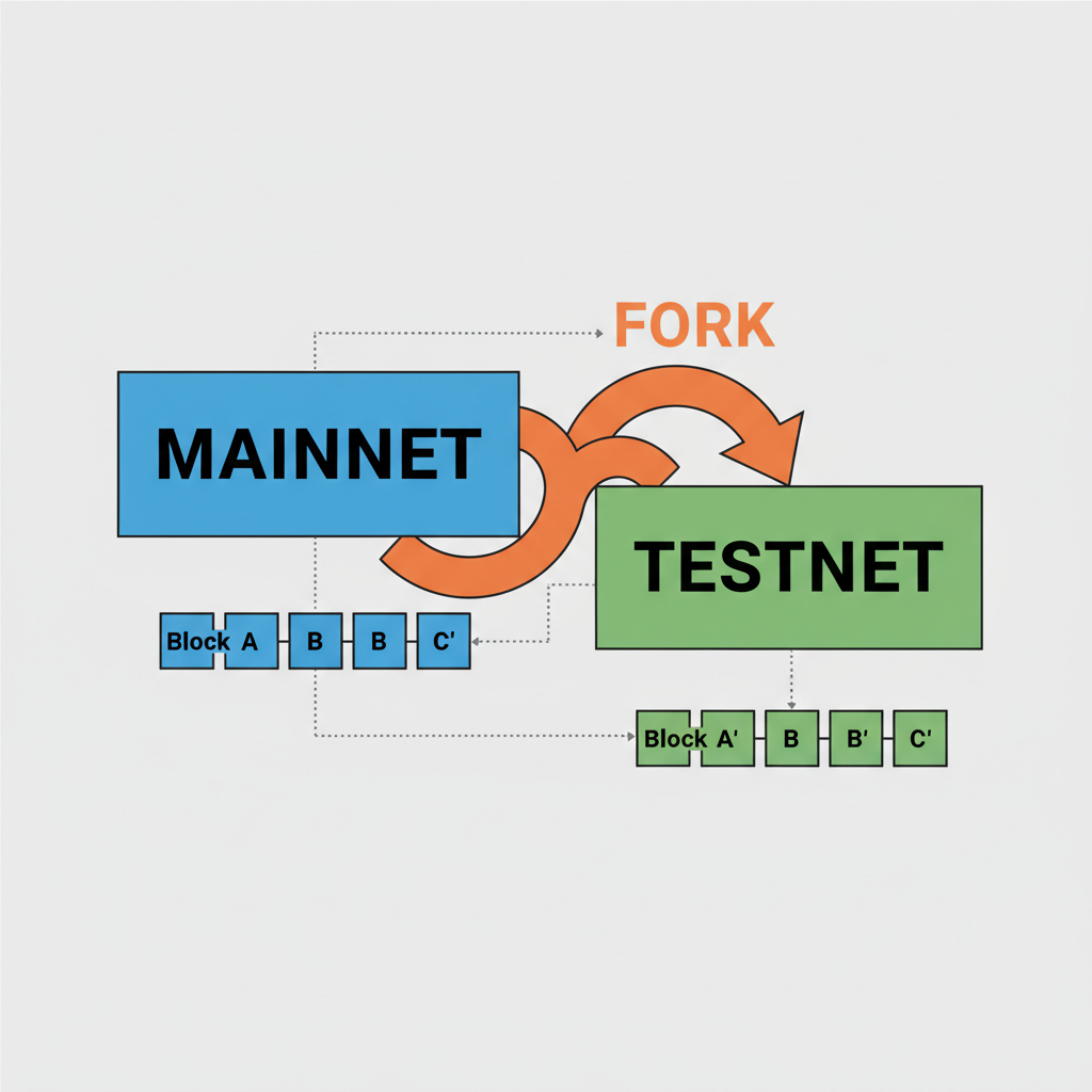 Forking blockchain testnet diagram, mainnet to testnet arrow