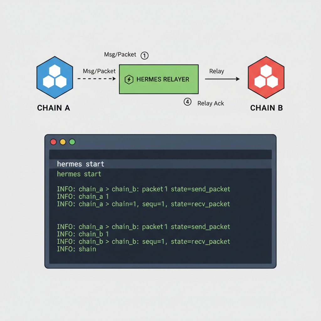 Terminal running Hermes relayer, IBC packet flow diagram