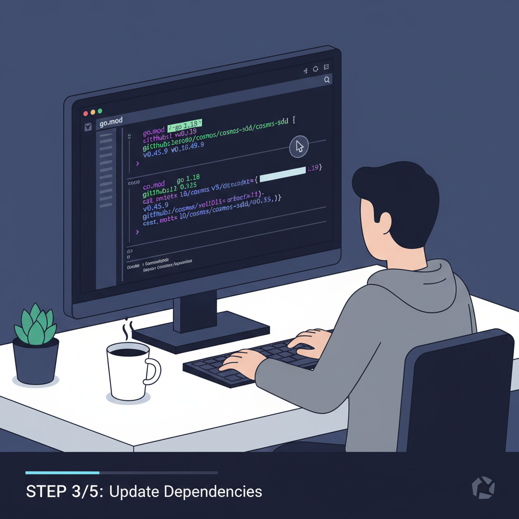 Developer editing go.mod file, Cosmos SDK code, dark terminal theme